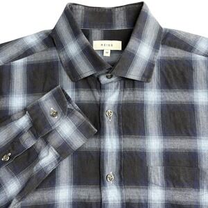 Reiss States Shadow Plaid Flannel Shirt Mens M Blue Long Sleeve Cotton Pocket